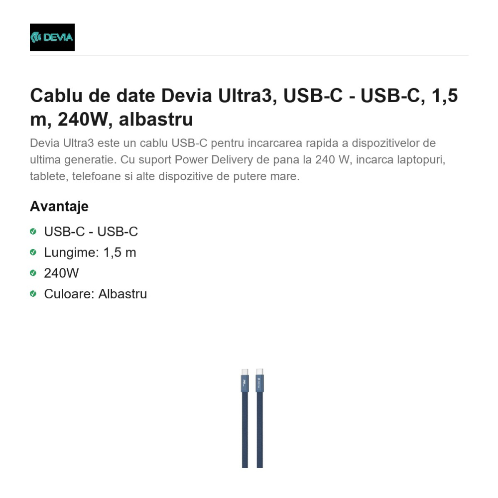 Cablu de date Devia Ultra3, USB-C - USB-C, 1,5 m, 240W, albastru [2]