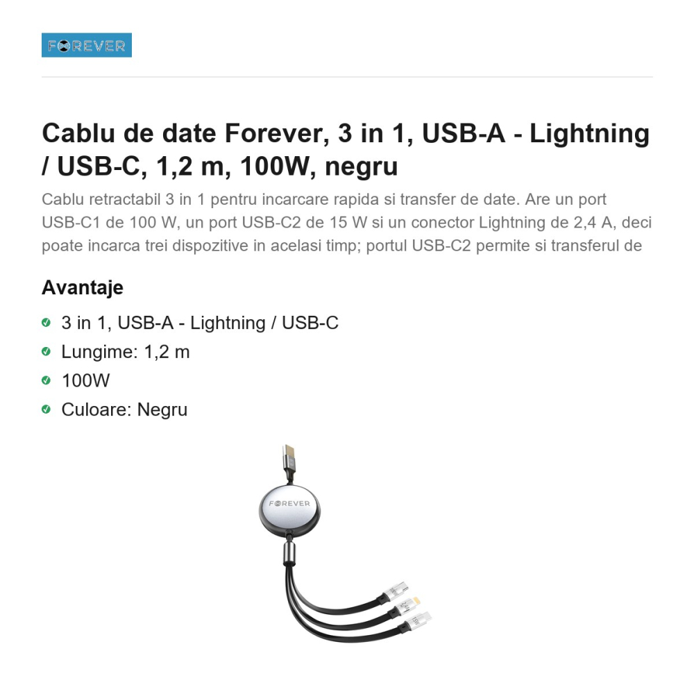 Cablu de date Forever, 3 in 1, USB-A - Lightning / USB-C, 1,2 m, 100W, negru [2]
