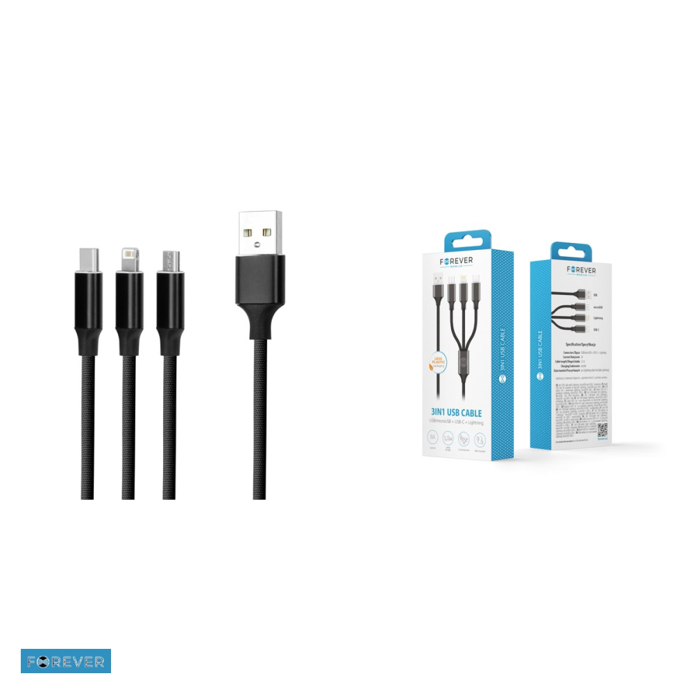 Cablu de date Forever, 3 in 1, USB-A - Lightning / USB-C / Micro USB, 1,2 m, 2A, negru [4]