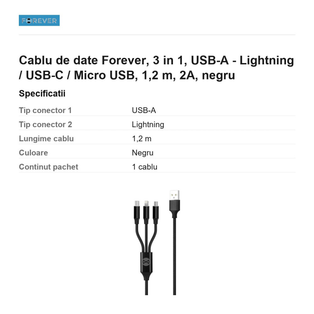 Cablu de date Forever, 3 in 1, USB-A - Lightning / USB-C / Micro USB, 1,2 m, 2A, negru [3]