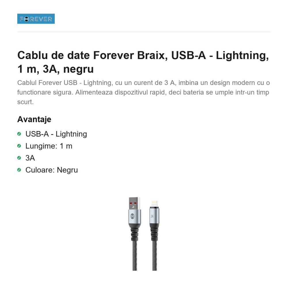 Cablu de date Forever Braix, USB-A - Lightning, 1 m, 3A, negru [2]