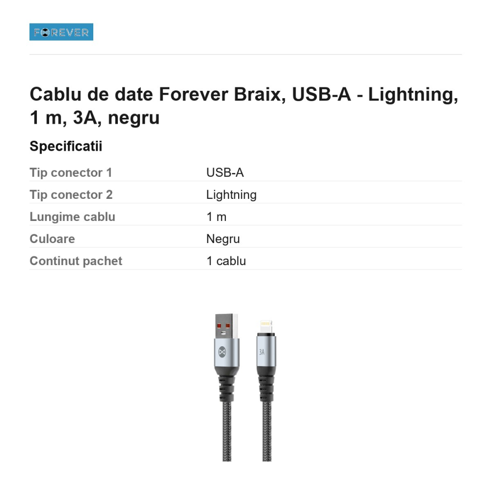 Cablu de date Forever Braix, USB-A - Lightning, 1 m, 3A, negru [3]