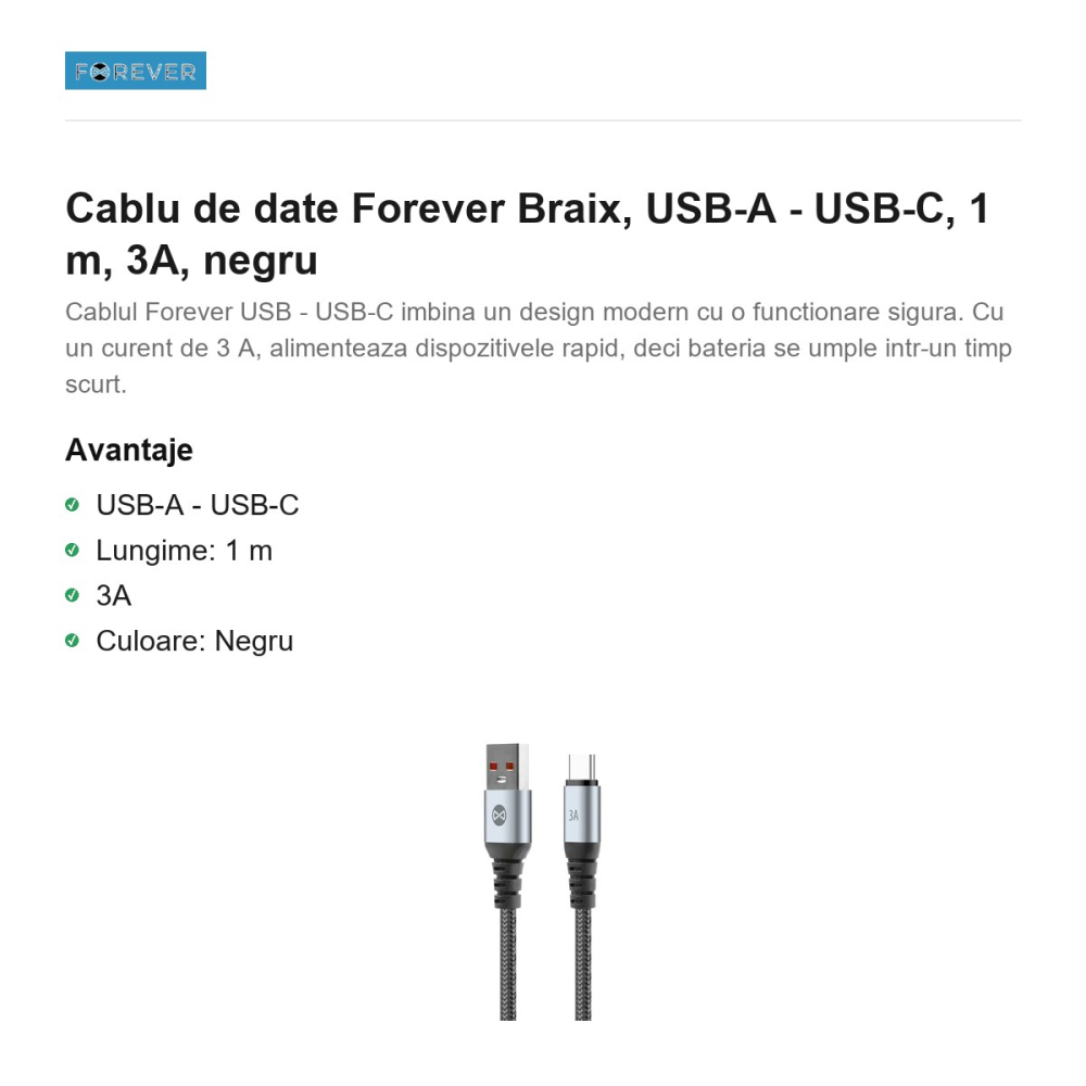Cablu de date Forever Braix, USB-A - USB-C, 1 m, 3A, negru [2]