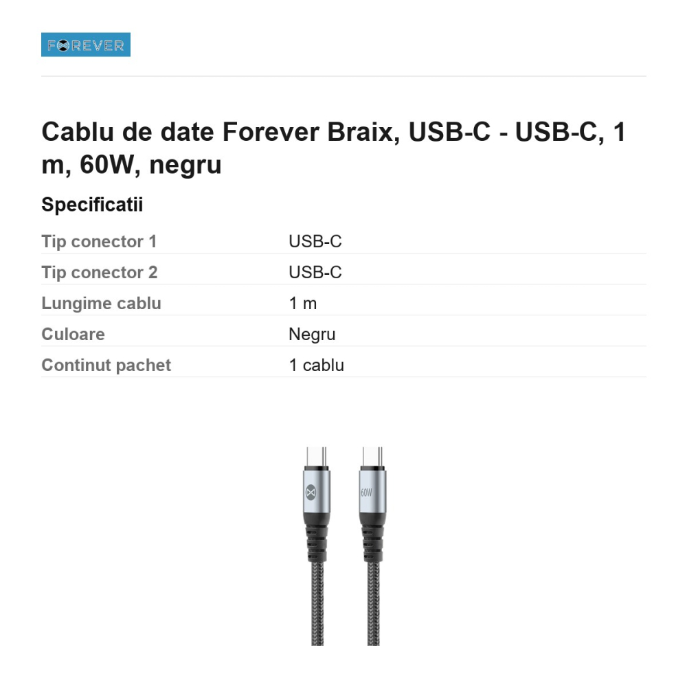 Cablu de date Forever Braix, USB-C - USB-C, 1 m, 60W, negru [3]
