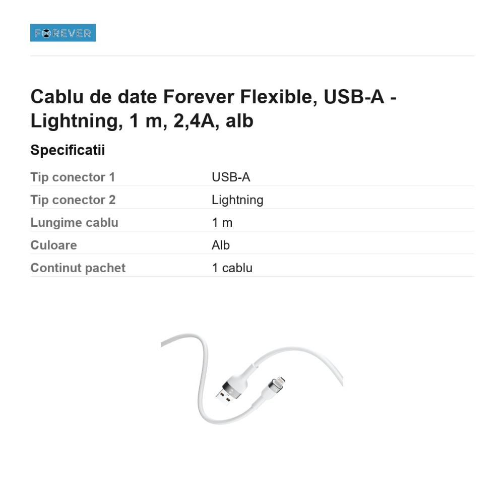 Cablu de date Forever Flexible, USB-A - Lightning, 1 m, 2,4A, alb [3]