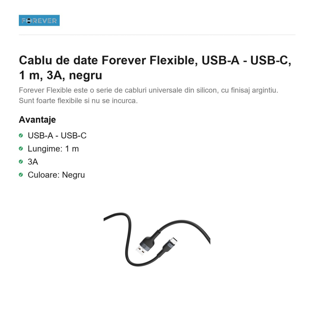 Cablu de date Forever Flexible, USB-A - USB-C, 1 m, 3A, negru [2]