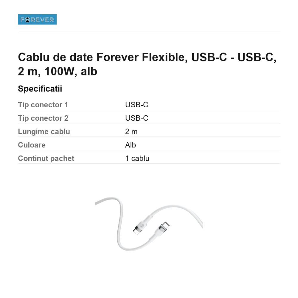 Cablu de date Forever Flexible, USB-C - USB-C, 2 m, 100W, alb [3]