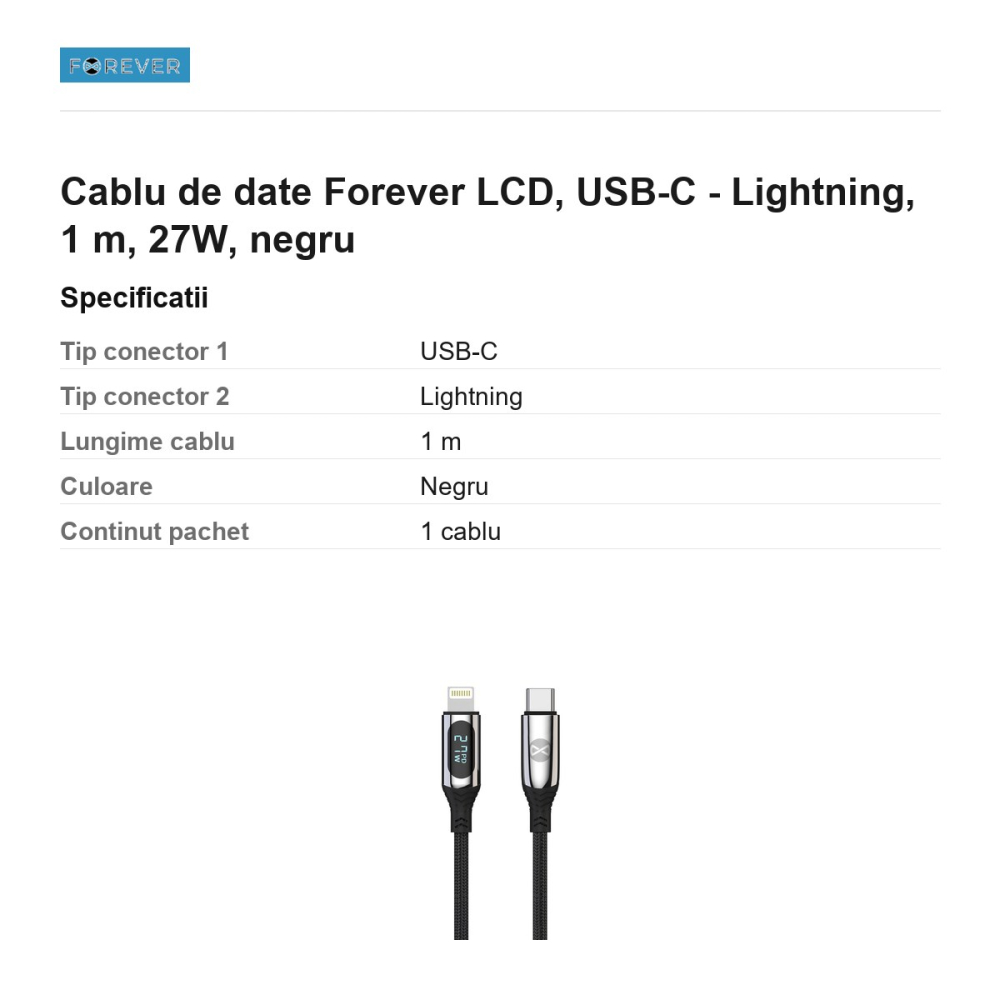 Cablu de date Forever LCD, USB-C - Lightning, 1 m, 27W, negru [3]