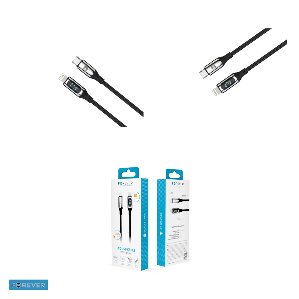 Cablu de date Forever LCD, USB-C - Lightning, 1 m, 27W, negru [4]