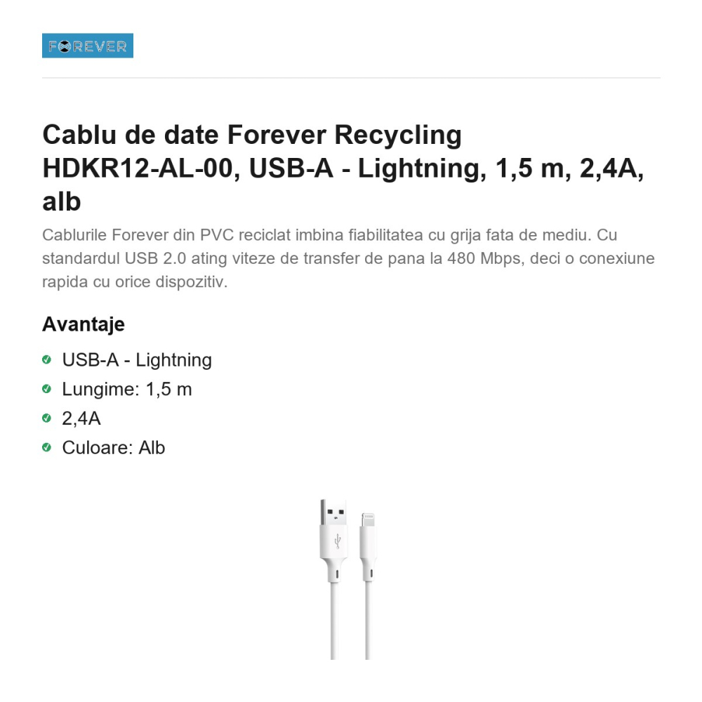 Cablu de date Forever Recycling HDKR12-AL-00, USB-A - Lightning, 1,5 m, 2,4A, alb [2]
