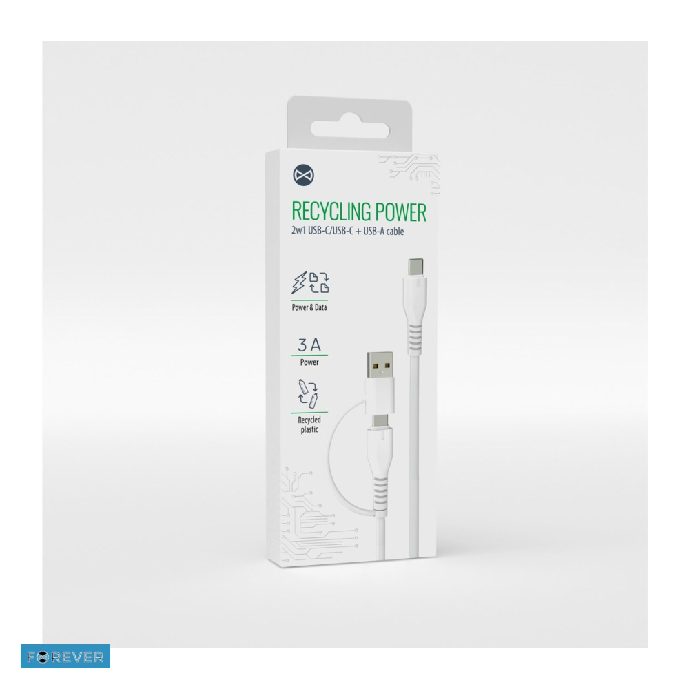 Cablu de date Forever Recycling KR2W1-00, 2 in 1, USB-C - USB-A, 1,5 m, 3A, alb [4]