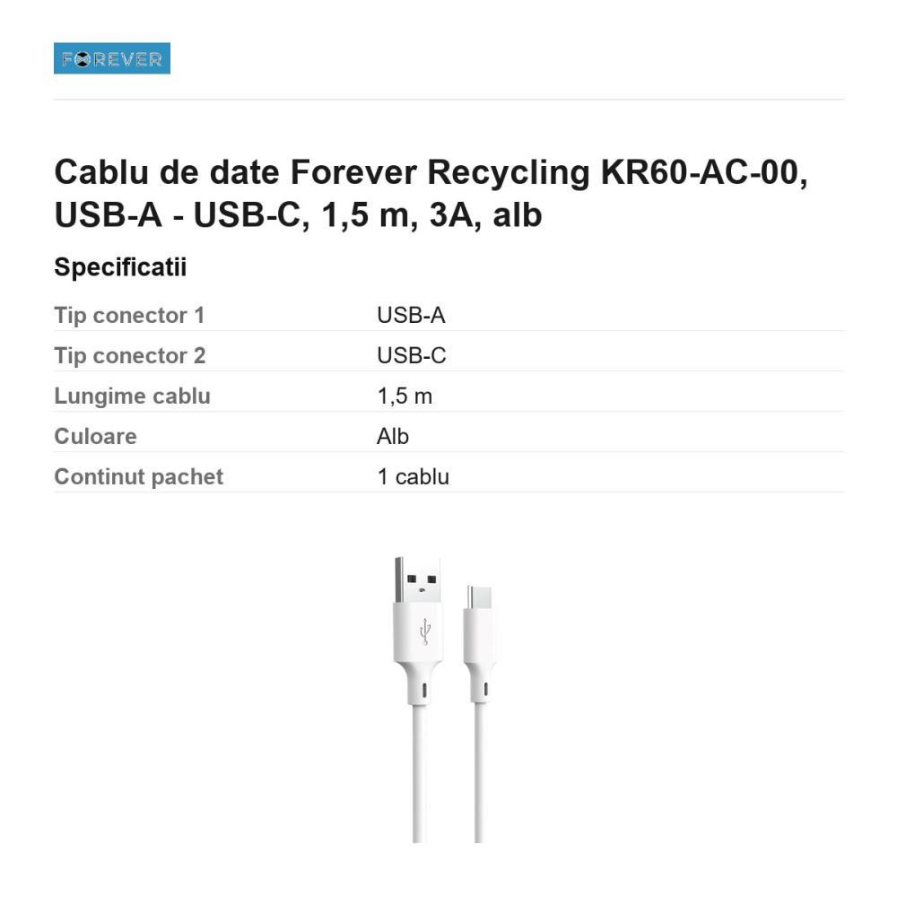 Cablu de date Forever Recycling KR60-AC-00, USB-A - USB-C, 1,5 m, 3A, alb [3]