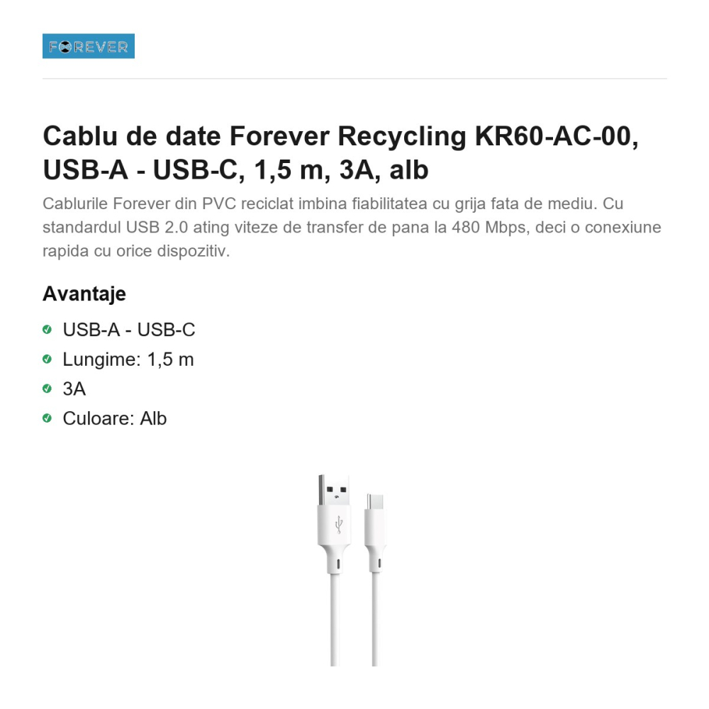 Cablu de date Forever Recycling KR60-AC-00, USB-A - USB-C, 1,5 m, 3A, alb [2]