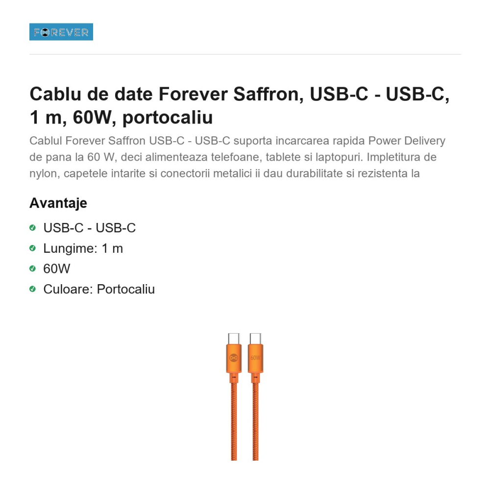 Cablu de date Forever Saffron, USB-C - USB-C, 1 m, 60W, portocaliu [2]