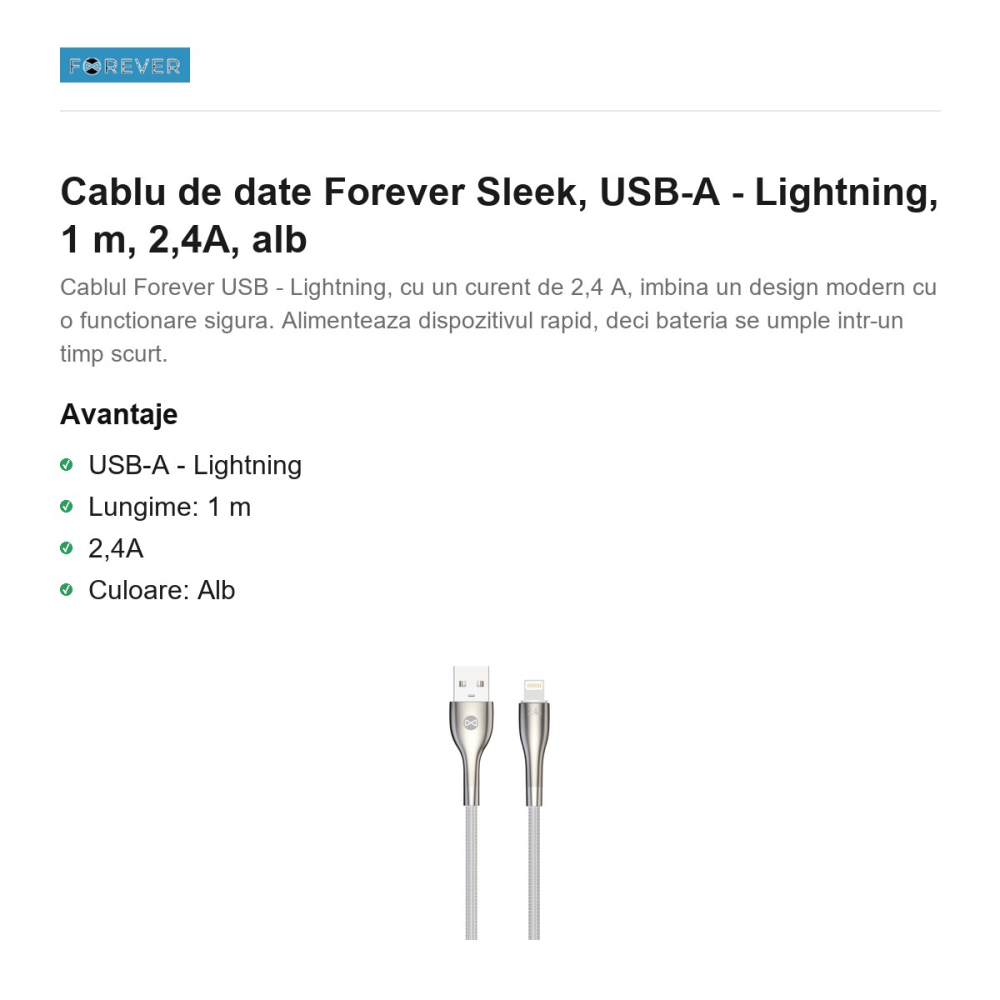 Cablu de date Forever Sleek, USB-A - Lightning, 1 m, 2,4A, alb [2]