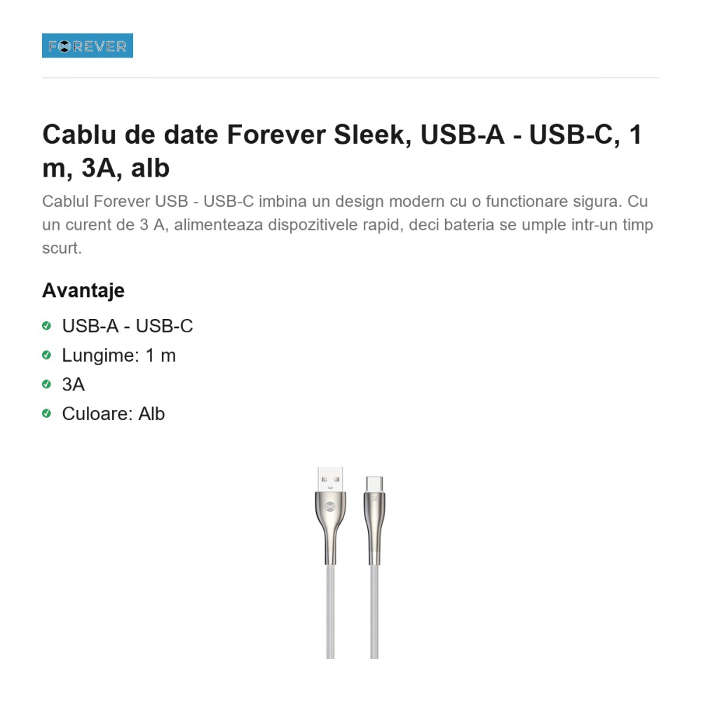 Cablu de date Forever Sleek, USB-A - USB-C, 1 m, 3A, alb [2]