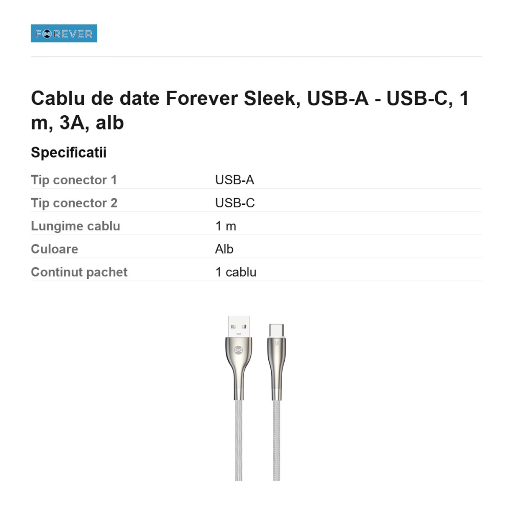Cablu de date Forever Sleek, USB-A - USB-C, 1 m, 3A, alb [3]