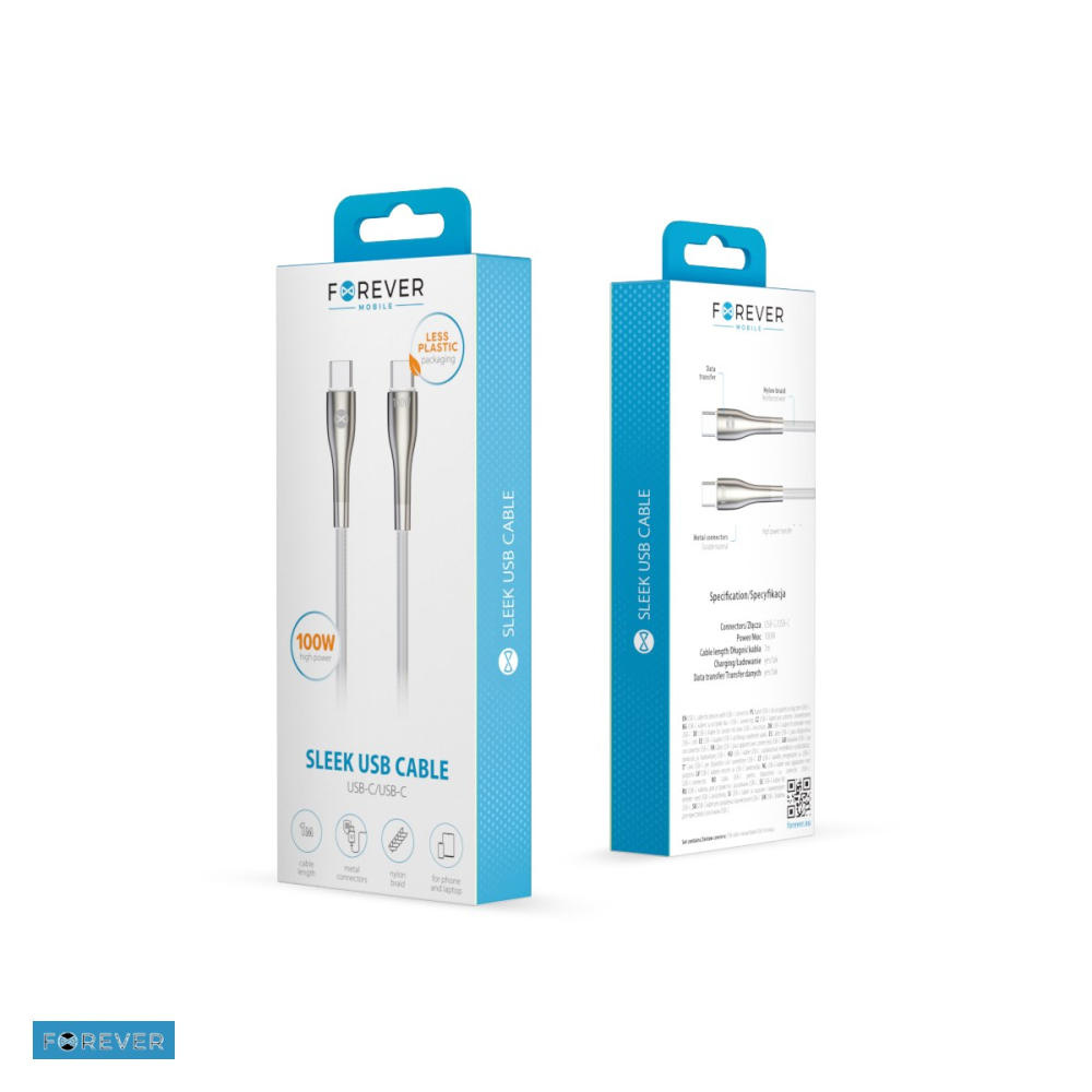 Cablu de date Forever Sleek, USB-C - USB-C, 1 m, 100W, alb [4]
