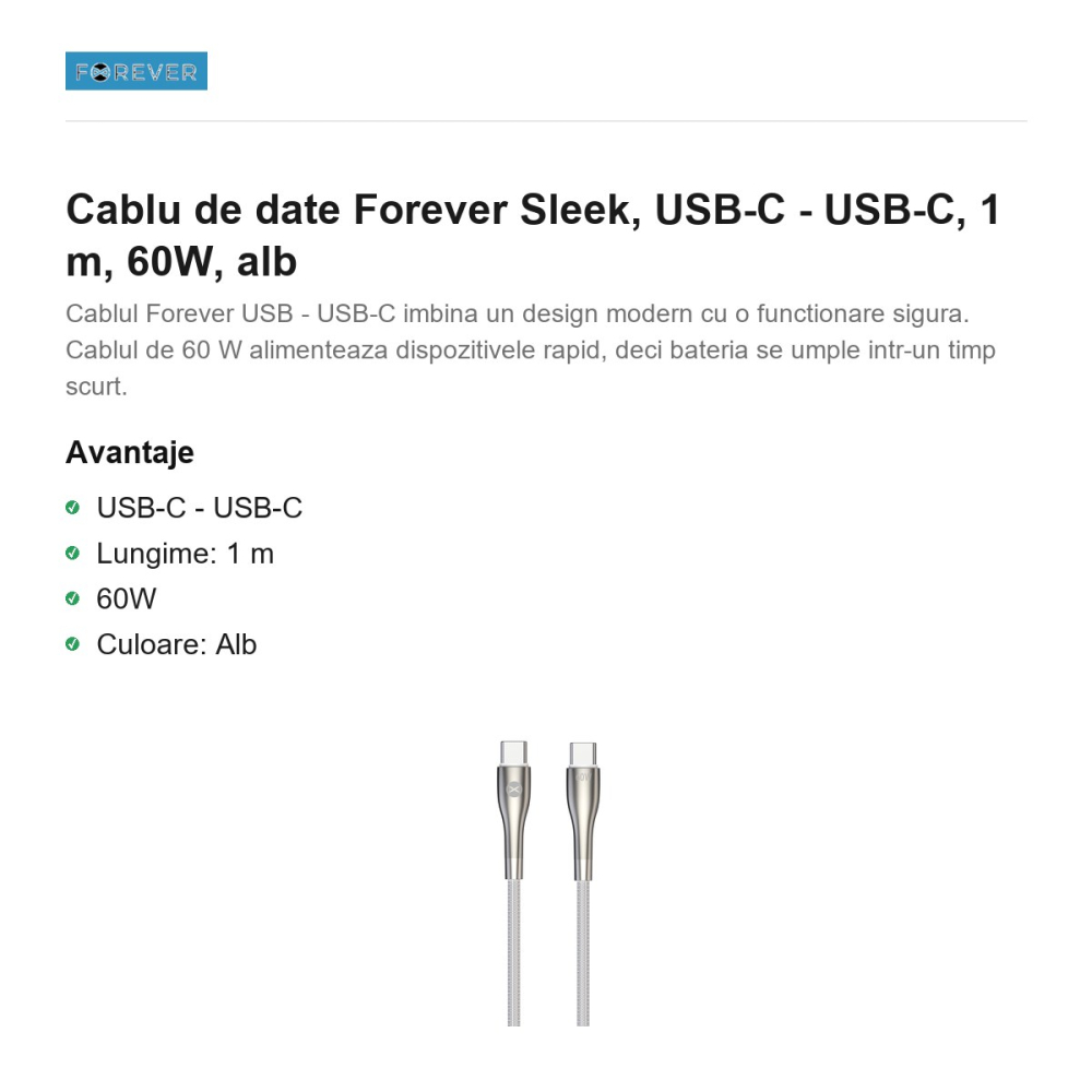 Cablu de date Forever Sleek, USB-C - USB-C, 1 m, 60W, alb [2]