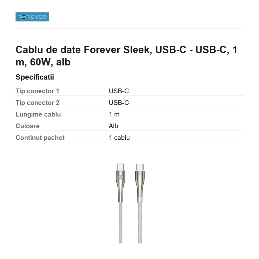 Cablu de date Forever Sleek, USB-C - USB-C, 1 m, 60W, alb [3]