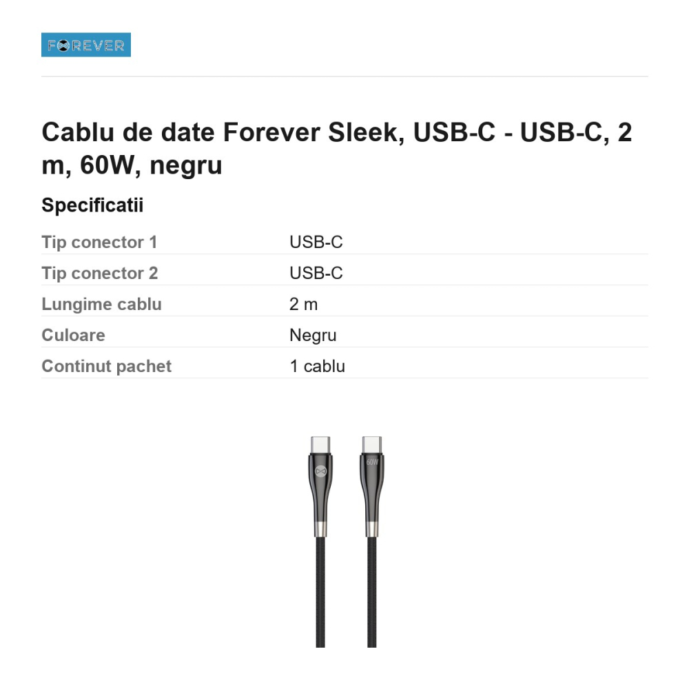 Cablu de date Forever Sleek, USB-C - USB-C, 2 m, 60W, negru [3]