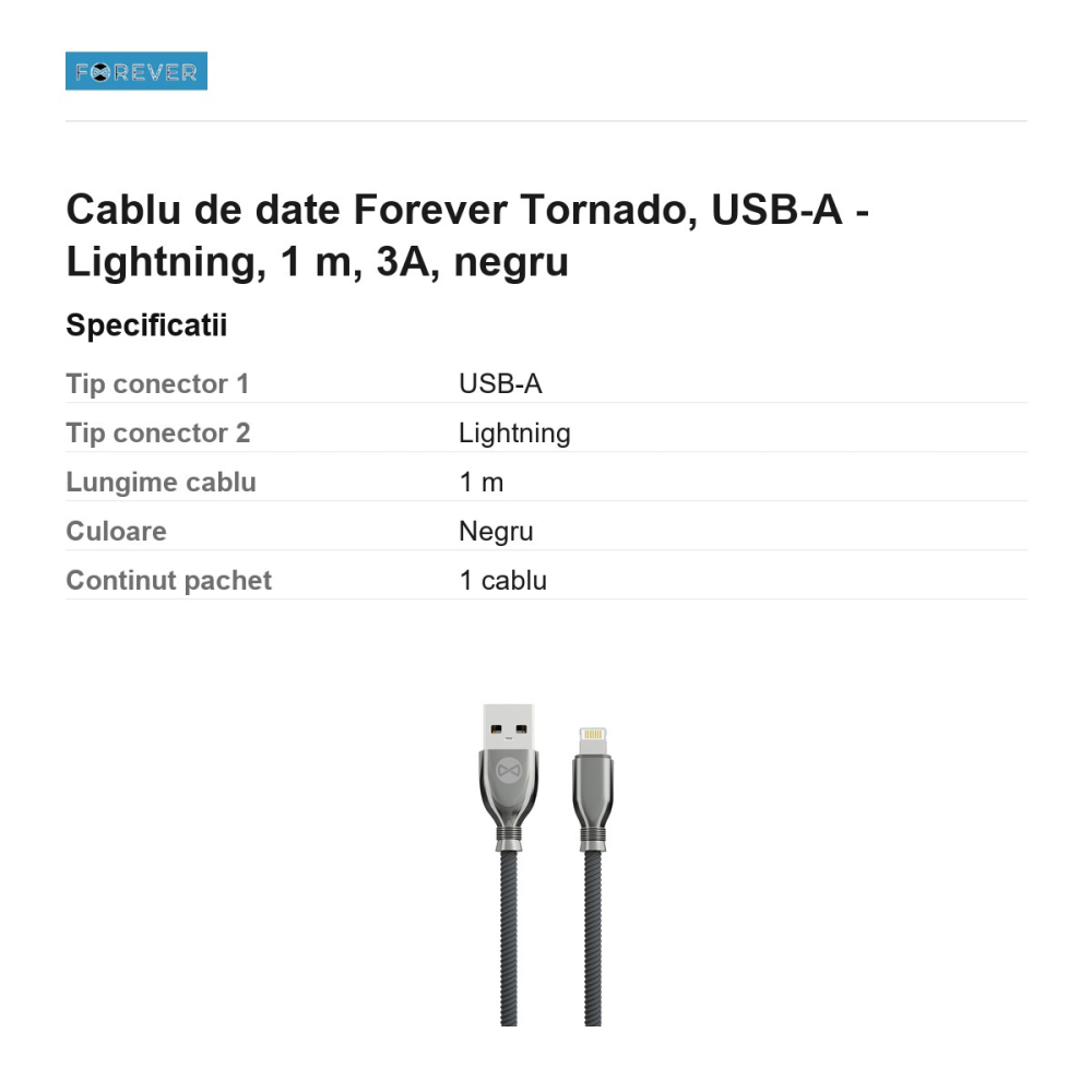 Cablu de date Forever Tornado, USB-A - Lightning, 1 m, 3A, negru [3]