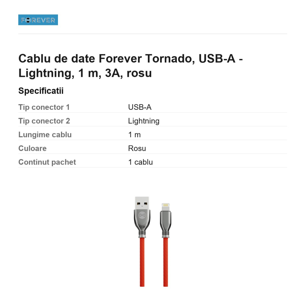 Cablu de date Forever Tornado, USB-A - Lightning, 1 m, 3A, rosu [3]