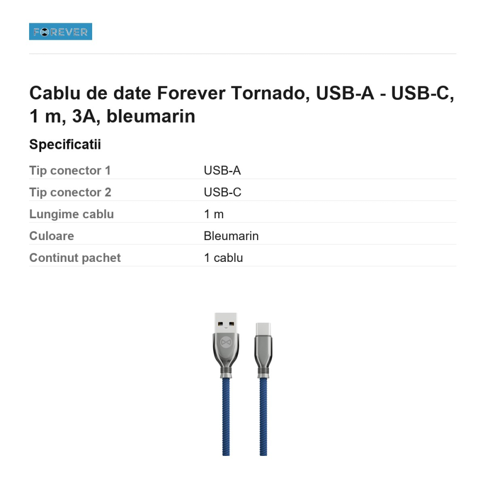 Cablu de date Forever Tornado, USB-A - USB-C, 1 m, 3A, bleumarin [3]