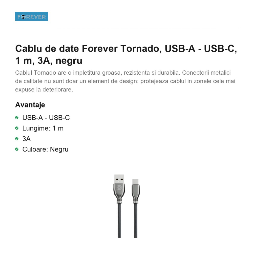 Cablu de date Forever Tornado, USB-A - USB-C, 1 m, 3A, negru [2]
