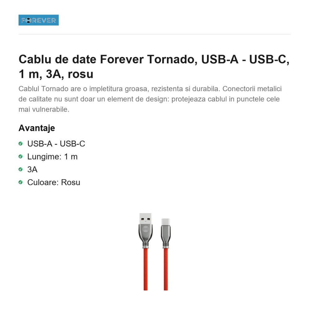 Cablu de date Forever Tornado, USB-A - USB-C, 1 m, 3A, rosu [2]