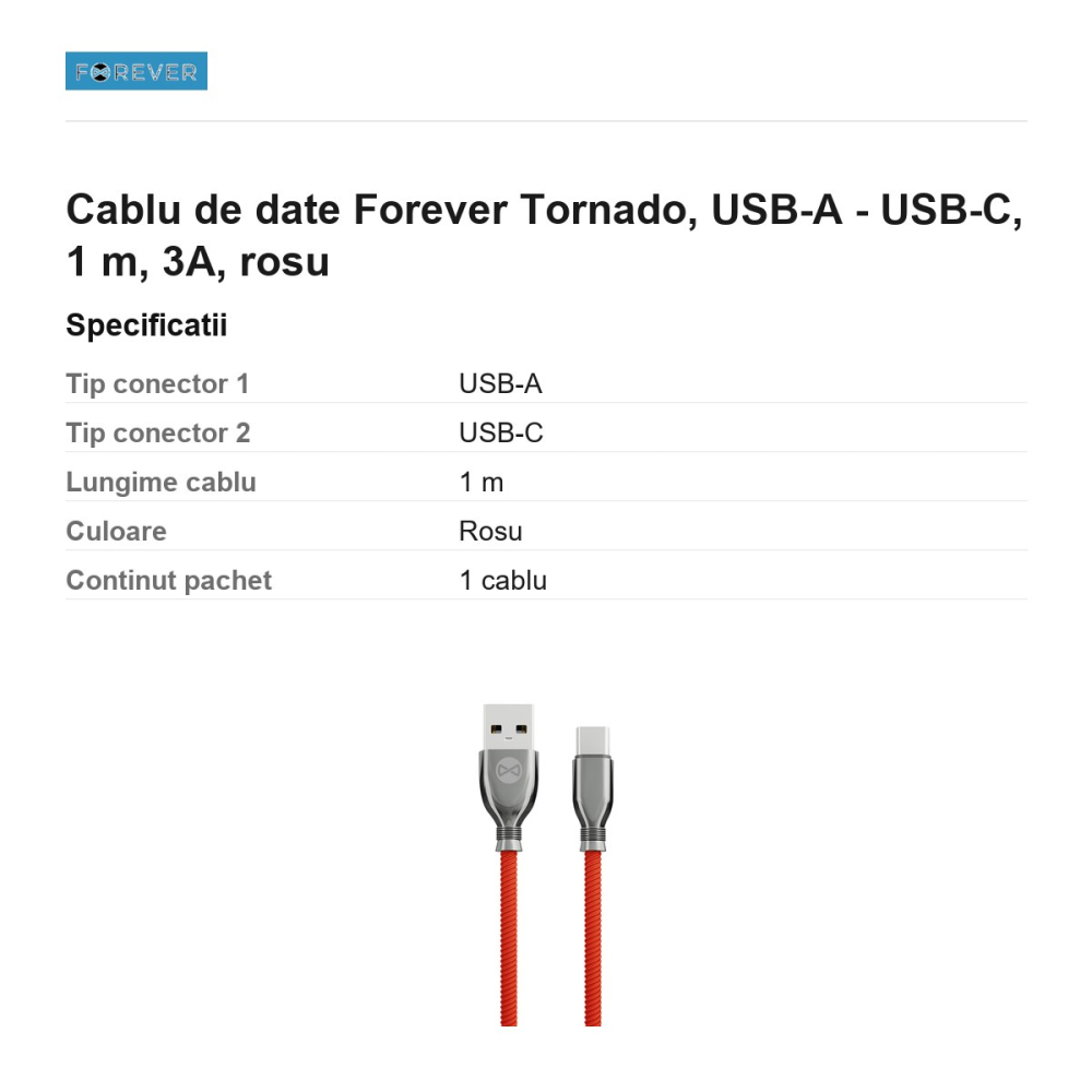 Cablu de date Forever Tornado, USB-A - USB-C, 1 m, 3A, rosu [3]
