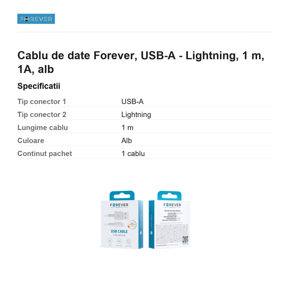Cablu de date Forever, USB-A - Lightning, 1 m, 1A, alb [3]