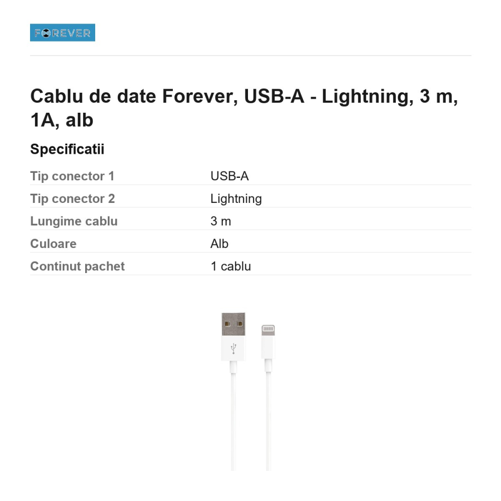 Cablu de date Forever, USB-A - Lightning, 3 m, 1A, alb [3]