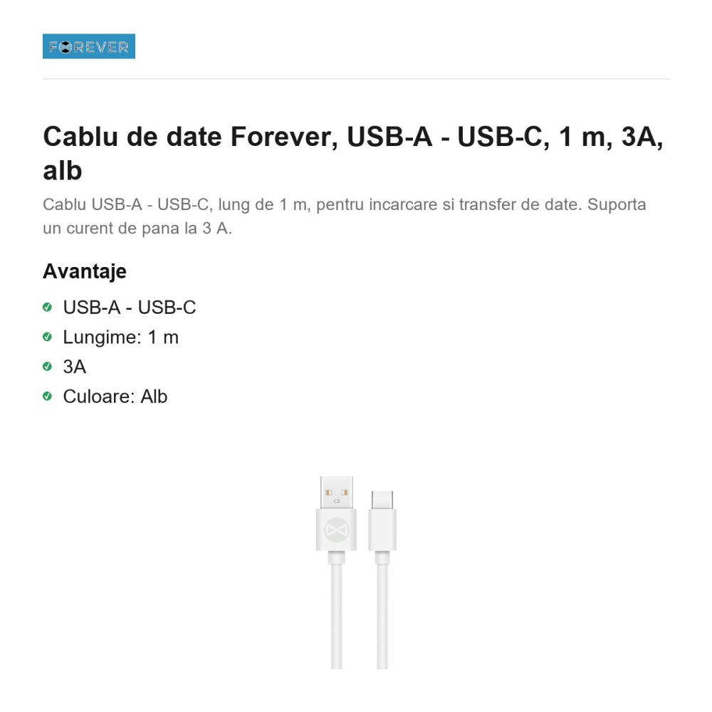 Cablu de date Forever, USB-A - USB-C, 1 m, 3A, alb [2]