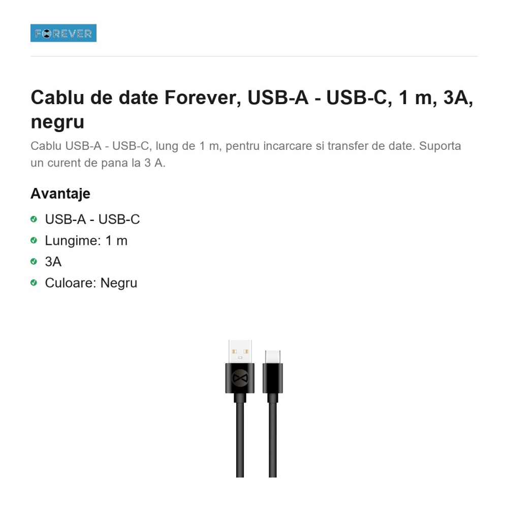 Cablu de date Forever, USB-A - USB-C, 1 m, 3A, negru [2]