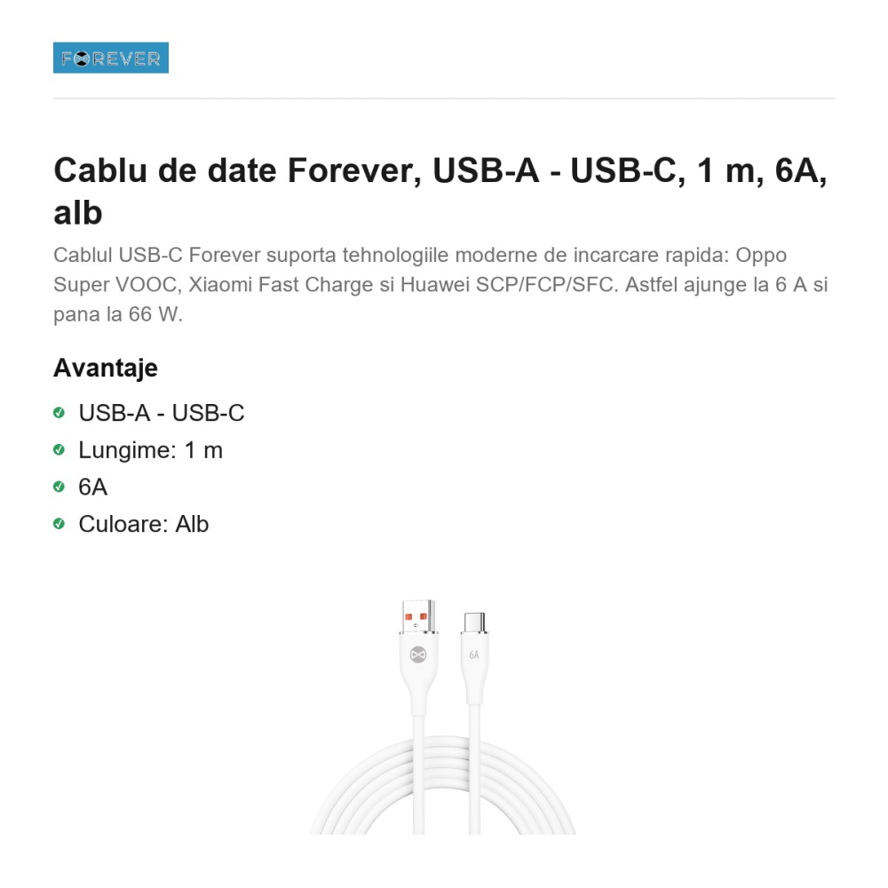 Cablu de date Forever, USB-A - USB-C, 1 m, 6A, alb [2]