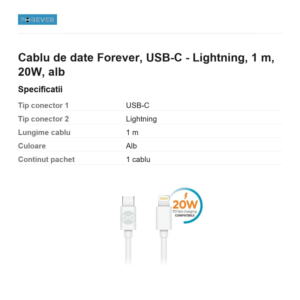 Cablu de date Forever, USB-C - Lightning, 1 m, 20W, alb [3]