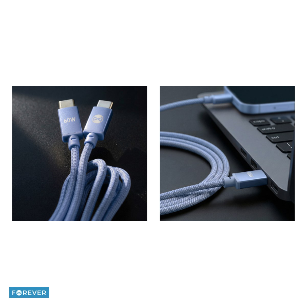 Cablu de date Forever Vibe, USB-C tata-tata, lungime 1m, 60W, invelis exterior din nylon impletit, conectori cu capete intarite, albastru deschis [5]