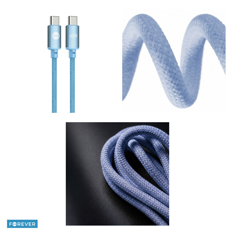 Cablu de date Forever Vibe, USB-C tata-tata, lungime 1m, 60W, invelis exterior din nylon impletit, conectori cu capete intarite, albastru deschis [4]