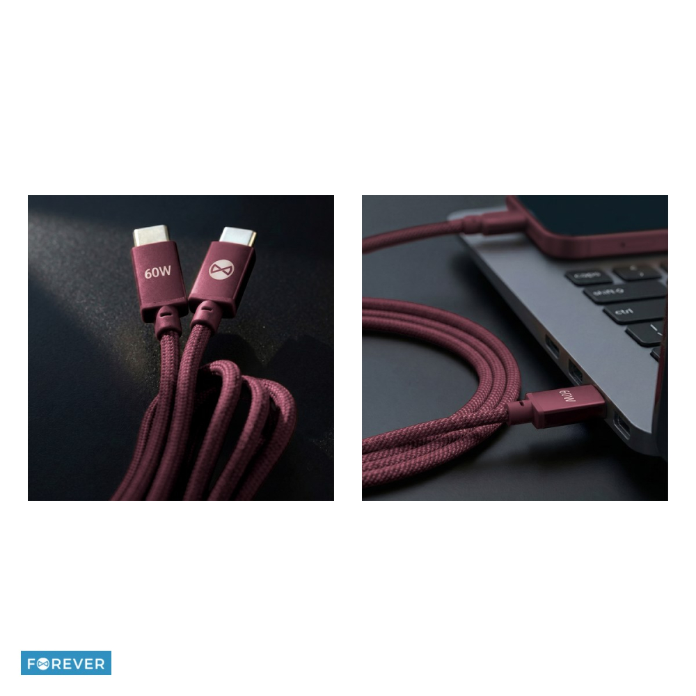 Cablu de date Forever Vibe, USB-C tata-tata, lungime 1m, 60W, invelis exterior din nylon impletit, conectori cu capete intarite, bordo [5]