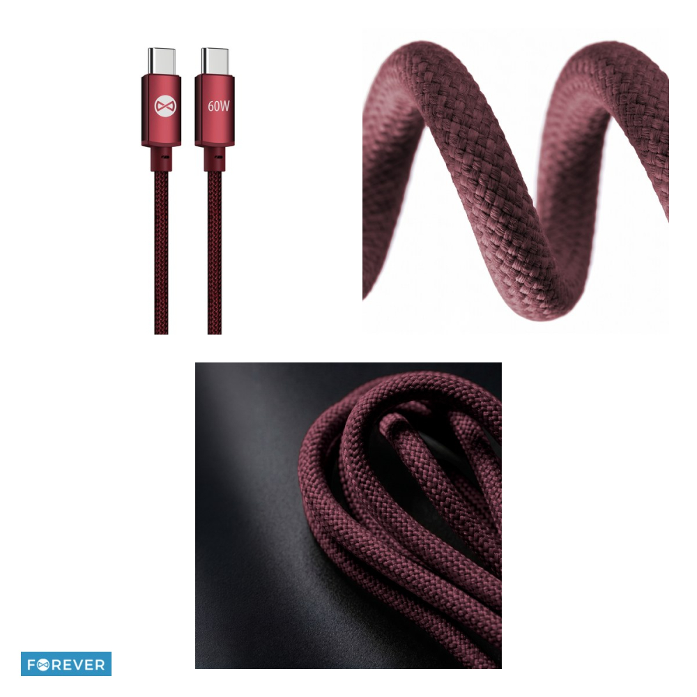 Cablu de date Forever Vibe, USB-C tata-tata, lungime 1m, 60W, invelis exterior din nylon impletit, conectori cu capete intarite, bordo [4]