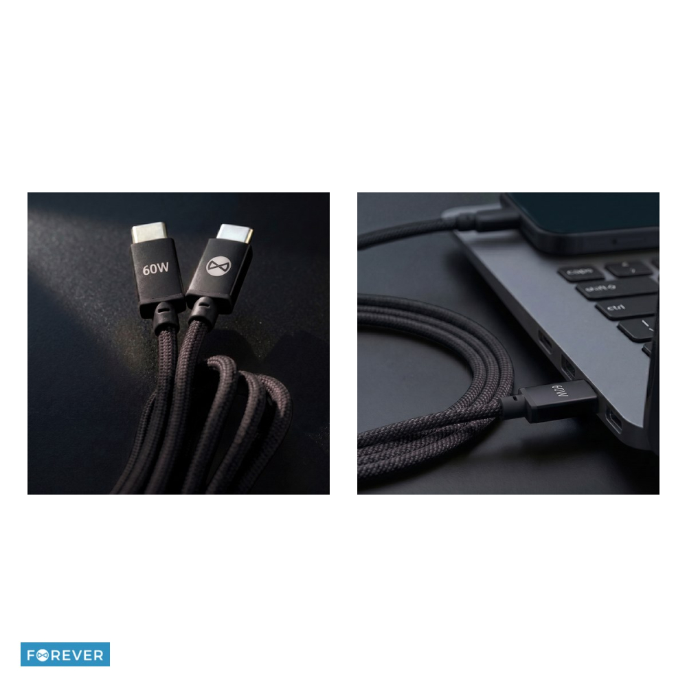 Cablu de date Forever Vibe, USB-C tata-tata, lungime 1m, 60W, invelis exterior din nylon impletit, conectori cu capete intarite, gri inchis [5]
