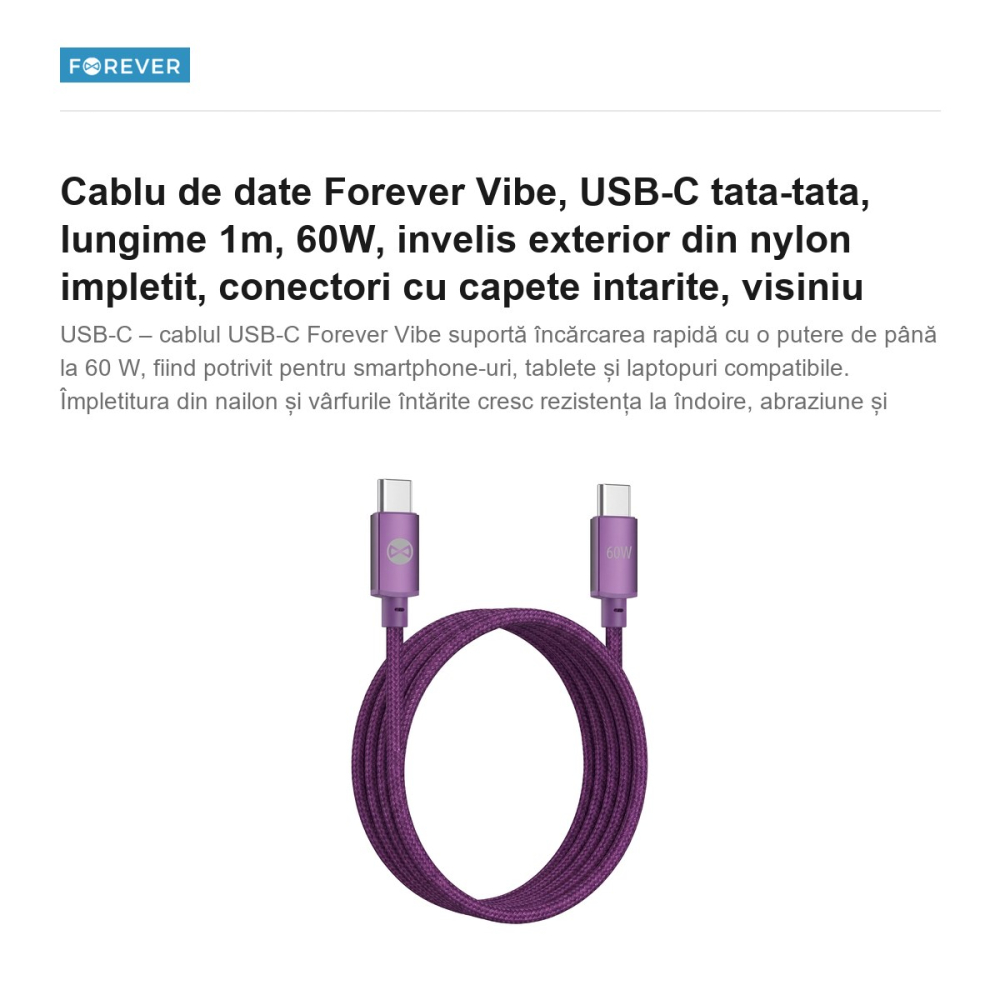 Cablu de date Forever Vibe, USB-C tata-tata, lungime 1m, 60W, invelis exterior din nylon impletit, conectori cu capete intarite, visiniu [2]