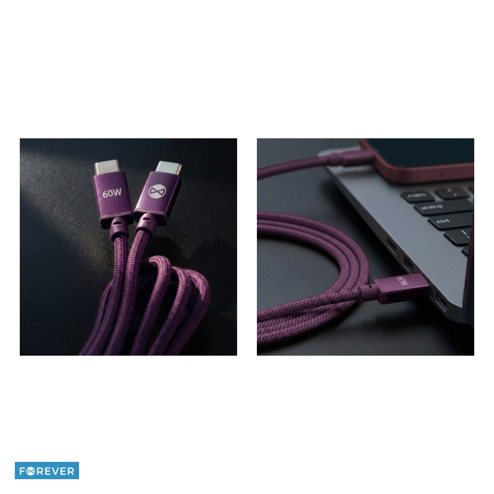 Cablu de date Forever Vibe, USB-C tata-tata, lungime 1m, 60W, invelis exterior din nylon impletit, conectori cu capete intarite, visiniu [5]