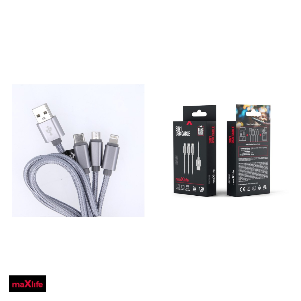 Cablu de date Maxlife, 3 in 1, USB-A - Lightning / USB-C / Micro USB, 1 m, 2,1A, gri [4]