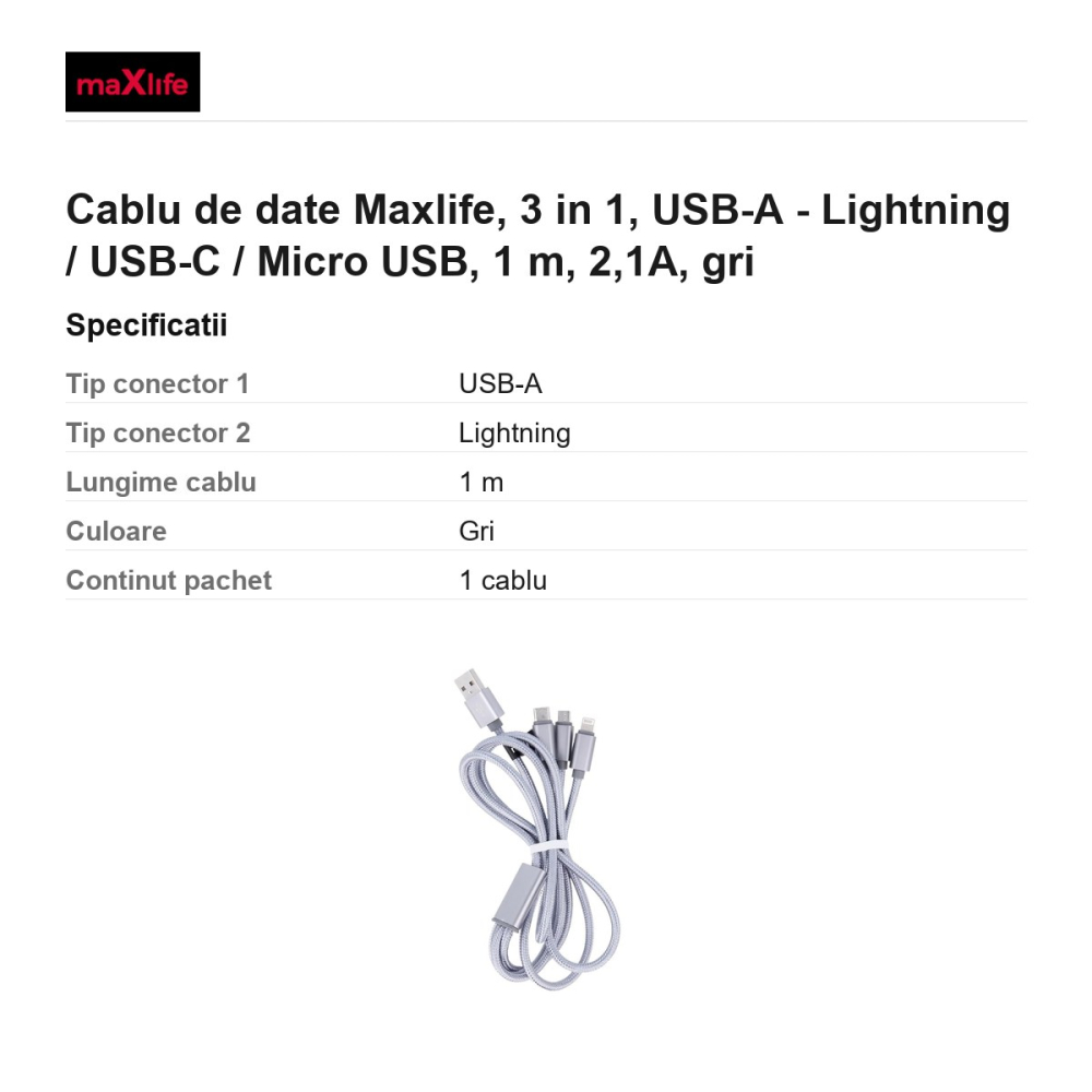 Cablu de date Maxlife, 3 in 1, USB-A - Lightning / USB-C / Micro USB, 1 m, 2,1A, gri [3]