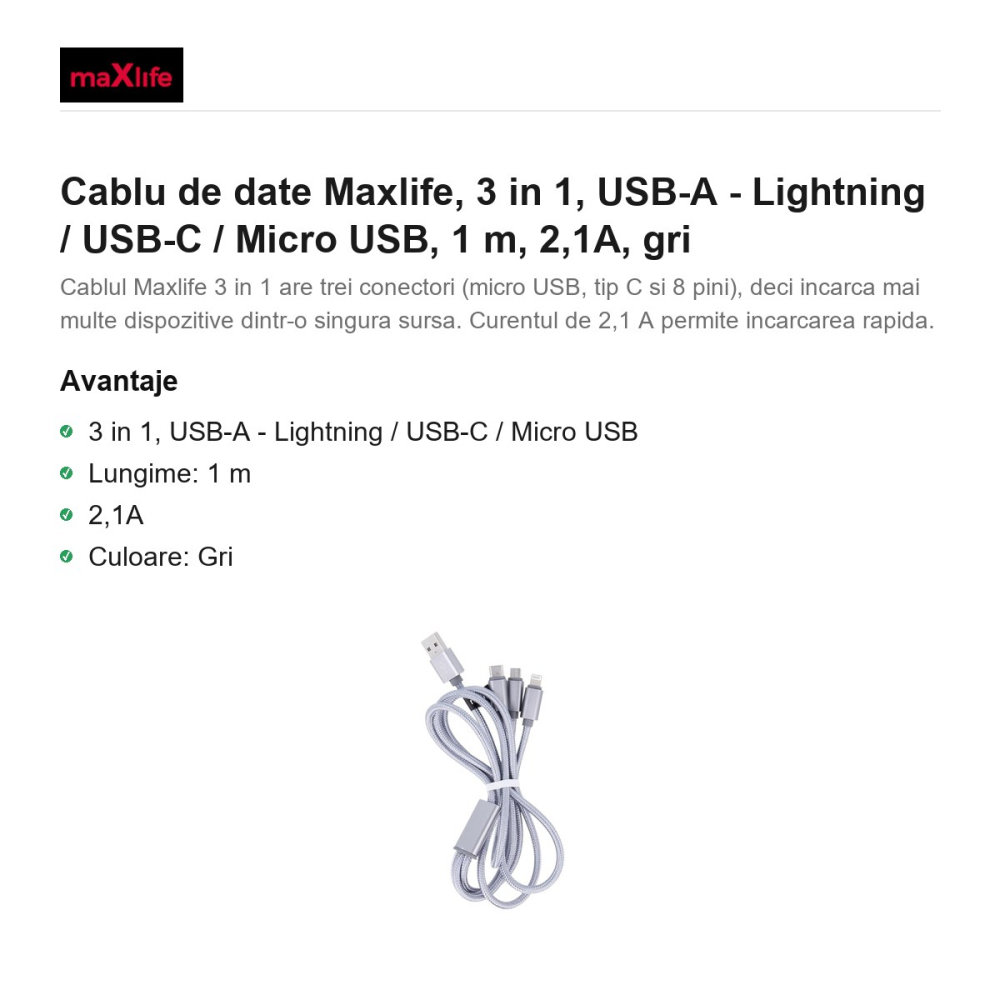 Cablu de date Maxlife, 3 in 1, USB-A - Lightning / USB-C / Micro USB, 1 m, 2,1A, gri [2]