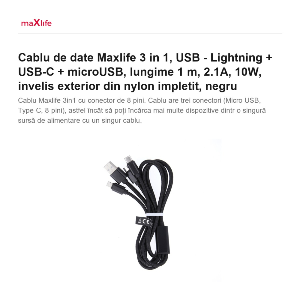 Cablu de date Maxlife 3 in 1, USB - Lightning + USB-C + microUSB, lungime 1 m, 2.1A, 10W, invelis exterior din nylon impletit, negru [2]