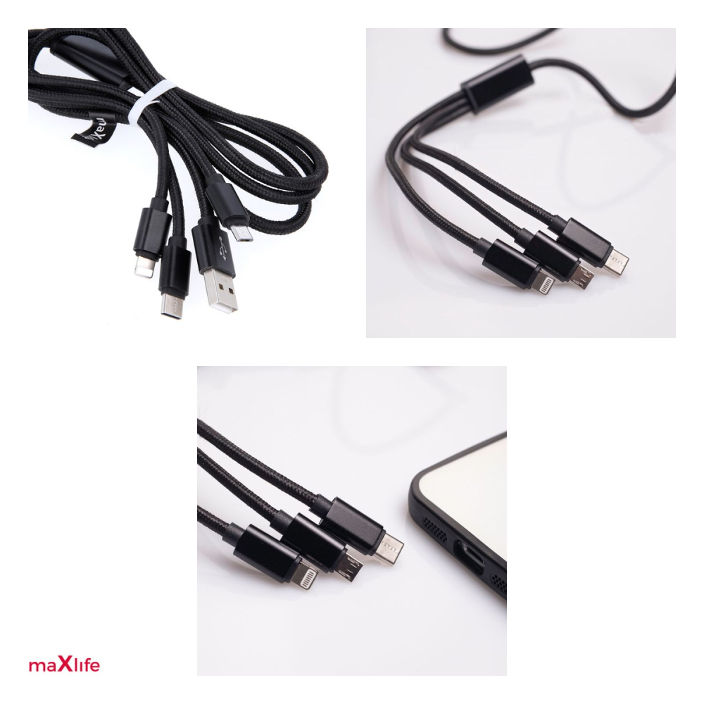 Cablu de date Maxlife 3 in 1, USB - Lightning + USB-C + microUSB, lungime 1 m, 2.1A, 10W, invelis exterior din nylon impletit, negru [4]