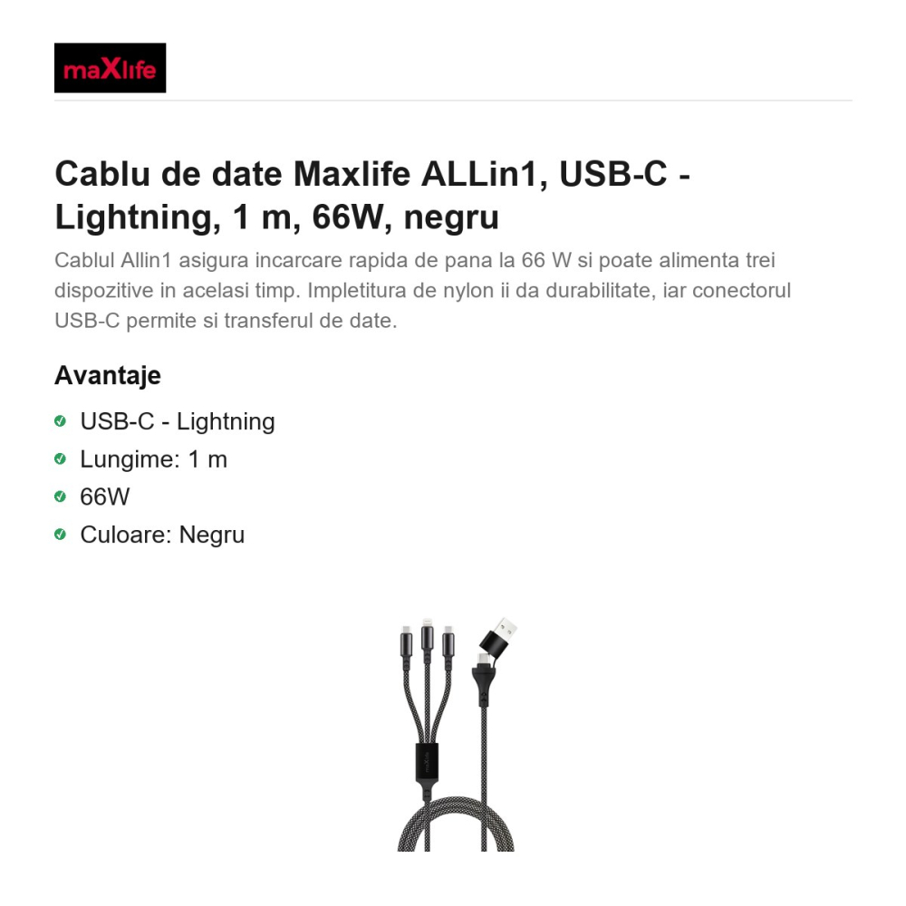 Cablu de date Maxlife ALLin1, USB-C - Lightning, 1 m, 66W, negru [2]